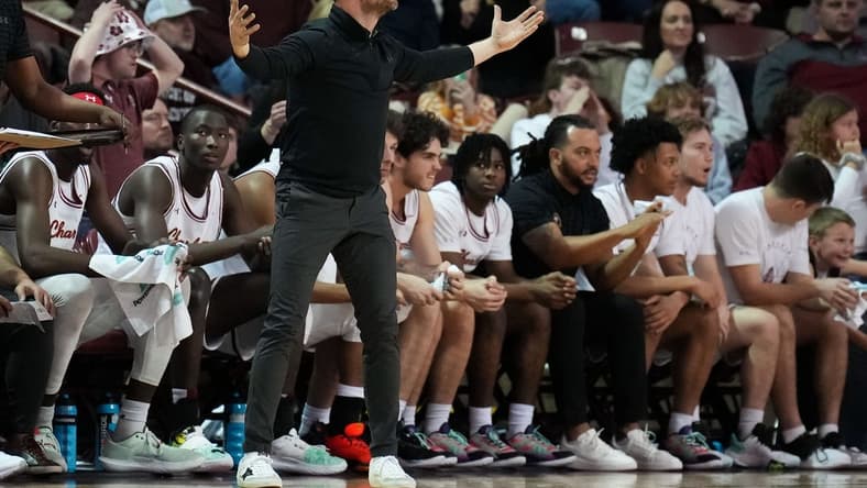 Jan 14, 2023; Charleston, South Carolina, USA; Charleston Cougars head coach Pat Kelsey reacts to a play on the court in the second half against the Elon Phoenix at TD Arena. Mandatory Credit: David Yeazell-USA TODAY Sports