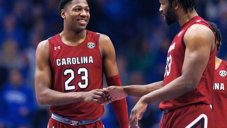 Jan 10, 2023; Lexington, Kentucky, USA; South Carolina Gamecocks forward Gregory Jackson II (23) and forward Josh Gray (33) wait for tip-off before the game against the Kentucky Wildcats at Rupp Arena at Central Bank Center. Mandatory Credit: Jordan Prather-USA TODAY Sports