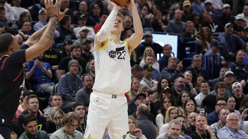 Jan 18, 2023; Salt Lake City, Utah, USA; Utah Jazz forward Lauri Markkanen (23) shoots an open jump shot against the LA Clippers during the second quarter at Vivint Arena. Mandatory Credit: Chris Nicoll-USA TODAY Sports