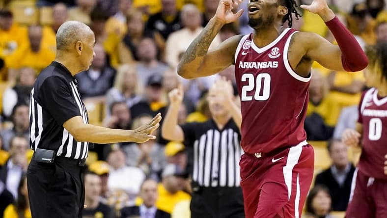 Jan 18, 2023; Columbia, Missouri, USA; Arkansas Razorbacks forward Kamani Johnson (20) reacts after a foul call during the second half against the Missouri Tigers at Mizzou Arena. Mandatory Credit: Jay Biggerstaff-USA TODAY Sports