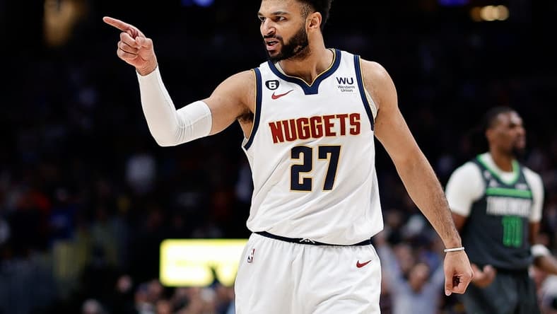 Jan 18, 2023; Denver, Colorado, USA; Denver Nuggets guard Jamal Murray (27) gestures to the bench after a play against the Minnesota Timberwolves in the fourth quarter at Ball Arena. Mandatory Credit: Isaiah J. Downing-USA TODAY Sports