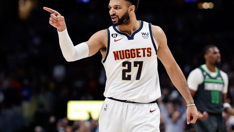 Jan 18, 2023; Denver, Colorado, USA; Denver Nuggets guard Jamal Murray (27) gestures to the bench after a play against the Minnesota Timberwolves in the fourth quarter at Ball Arena. Mandatory Credit: Isaiah J. Downing-USA TODAY Sports