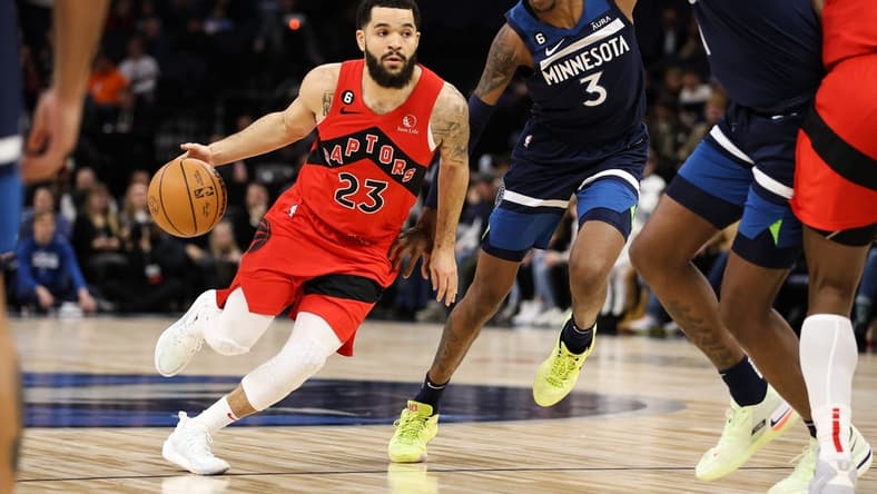 Jan 19, 2023; Minneapolis, Minnesota, USA; Toronto Raptors guard Fred VanVleet (23) dribbles while Minnesota Timberwolves forward Jaden McDaniels (3) defends during the first quarter at Target Center. Mandatory Credit: Matt Krohn-USA TODAY Sports