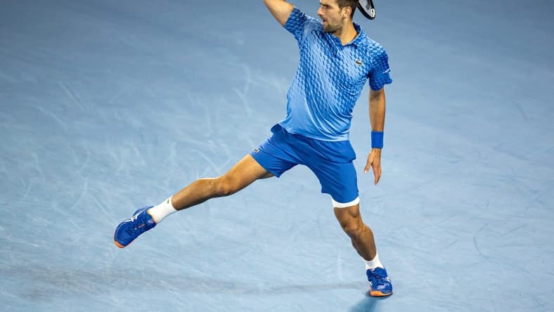Jan 19, 2023; Melbourne, Victoria, Australia; Novak Djokovic from Serbia during his second round match against Enzo Couacaud from France on day four of the 2023 Australian Open tennis tournament at Melbourne Park. Mandatory Credit: Mike Frey-USA TODAY Sports