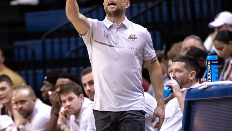 Jan 19, 2023; West Long Branch, New Jersey, USA; Charleston Cougars head coach Pat Kelsey reacts during the second half against the Monmouth Hawks at OceanFirst Bank Center. Mandatory Credit: John Jones-USA TODAY Sports