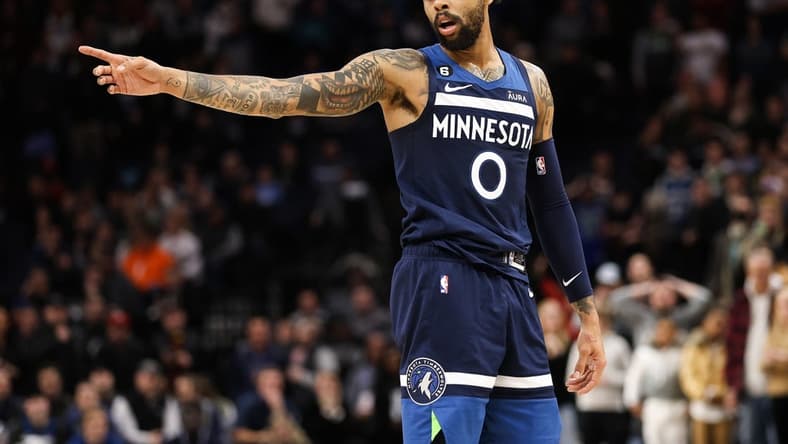 Jan 19, 2023; Minneapolis, Minnesota, USA; Minnesota Timberwolves guard D'Angelo Russell (0) looks on during the fourth quarter against the Toronto Raptors at Target Center. Mandatory Credit: Matt Krohn-USA TODAY Sports