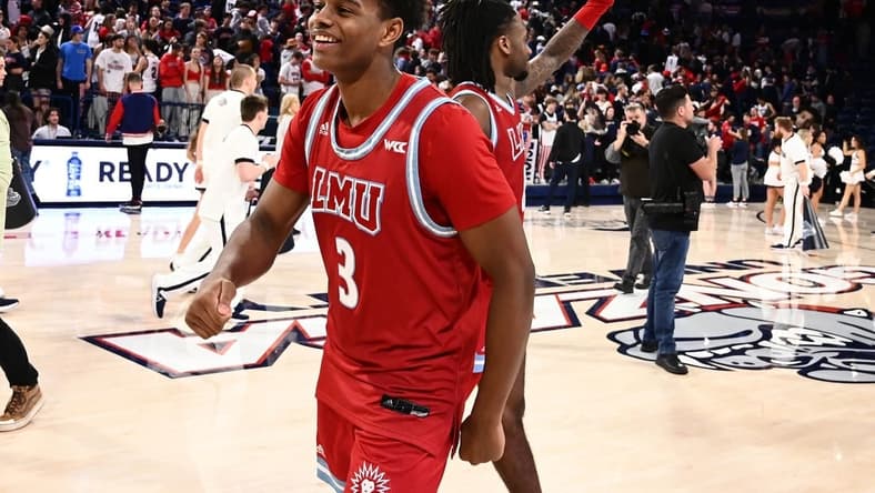 Jan 19, 2023; Spokane, Washington, USA; Loyola Marymount Lions guard Chance Stephens (3) celebrates after a game against the Gonzaga Bulldogs at McCarthey Athletic Center. Lions won 68-67.mMandatory Credit: James Snook-USA TODAY Sports
