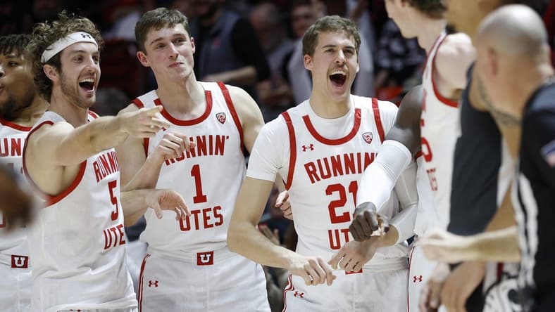 Jan 19, 2023; Salt Lake City, Utah, USA; The Utah Utes bench reacts to a basket by center Branden Carlson (35) against the Washington State Cougars at Jon M. Huntsman Center. Mandatory Credit: Jeffrey Swinger-USA TODAY Sports
