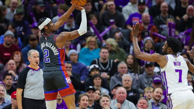 Jan 20, 2023; Sacramento, California, USA; Oklahoma City Thunder guard Shai Gilgeous-Alexander (2) shoots the ball over Sacramento Kings forward Chimezie Metu (7) during the third quarter at Golden 1 Center. Mandatory Credit: Sergio Estrada-USA TODAY Sports