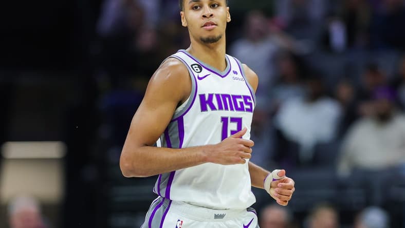 Jan 20, 2023; Sacramento, California, USA; Sacramento Kings forward Keegan Murray (13) runs up the court during the third quarter against the Oklahoma City Thunder at Golden 1 Center. Mandatory Credit: Sergio Estrada-USA TODAY Sports