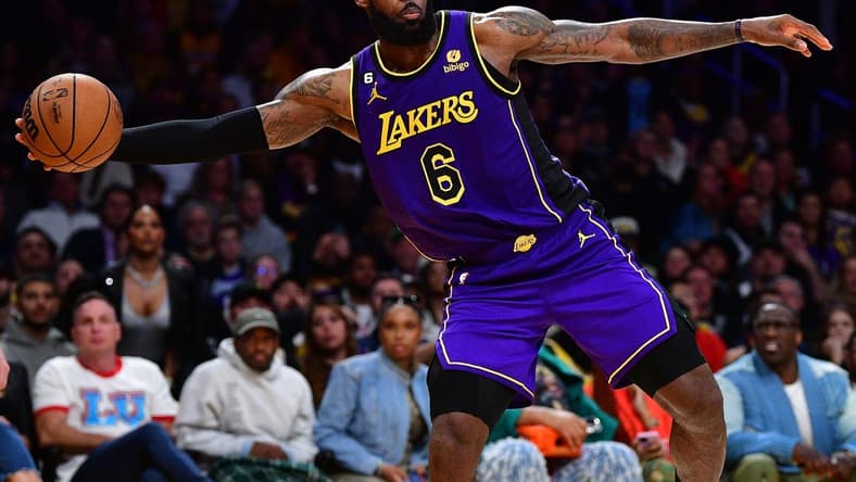 January 20, 2023; Los Angeles, California, USA; Los Angeles Lakers forward LeBron James (6) plays to keeop the ball in bound against the Memphis Grizzlies during the second half at Crypto.com Arena. Mandatory Credit: Gary A. Vasquez-USA TODAY Sports
