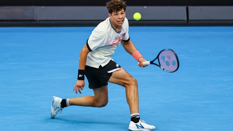 Jan 21, 2023; Melbourne, VICTORIA, Australia; Ben Shelton from the United States during his third round match against Alexi Popyrin from Australia on day six of the 2023 Australian Open tennis tournament at Melbourne Park. Mandatory Credit: Mike Frey-USA TODAY Sports