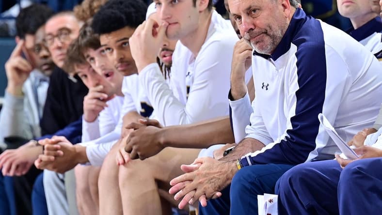 Jan 21, 2023; South Bend, Indiana, USA; Notre Dame Fighting Irish head coach Mike Brey watches in the second half against the Boston College Eagles at the Purcell Pavilion. Mandatory Credit: Matt Cashore-USA TODAY Sports