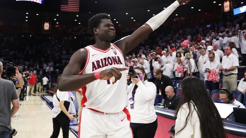 Jan 21, 2023; Tucson, Arizona, USA; Arizona Wildcats center Oumar Ballo (11) celebrates after defeating the UCLA Bruins at McKale Center. Mandatory Credit: Zachary BonDurant-USA TODAY Sports