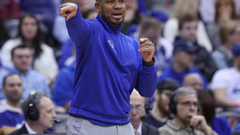 Jan 21, 2023; Newark, New Jersey, USA; Seton Hall Pirates head coach Shaheen Holloway points during the first half against the Marquette Golden Eagles at Prudential Center. Mandatory Credit: Vincent Carchietta-USA TODAY Sports