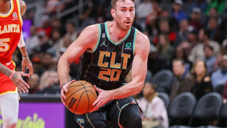 Jan 21, 2023; Atlanta, Georgia, USA; Charlotte Hornets forward Gordon Hayward (20) drives to the basket against the Atlanta Hawks in the first quarter at State Farm Arena. Mandatory Credit: Brett Davis-USA TODAY Sports