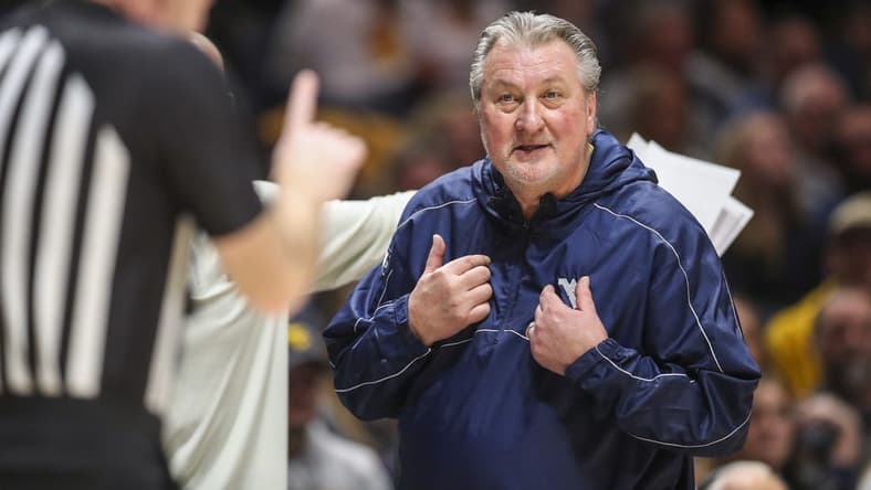 Jan 21, 2023; Morgantown, West Virginia, USA; West Virginia Mountaineers head coach Bob Huggins reacts to a call during the first half against the Texas Longhorns at WVU Coliseum. Mandatory Credit: Ben Queen-USA TODAY Sports