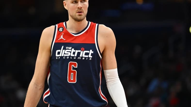 Jan 21, 2023; Washington, District of Columbia, USA; Washington Wizards center Kristaps Porzingis (6) looks on against the Orlando Magic during the first half at Capital One Arena. Mandatory Credit: Brad Mills-USA TODAY Sports