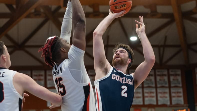 Jan 21, 2023; Stockton, California, USA; Gonzaga Bulldogs forward Drew Timme (2) attempts to shoot over Pacific Tigers forward Sam Freeman (15) during the first half at Alex G. Spanos Center. Mandatory Credit: Stan Szeto-USA TODAY Sports