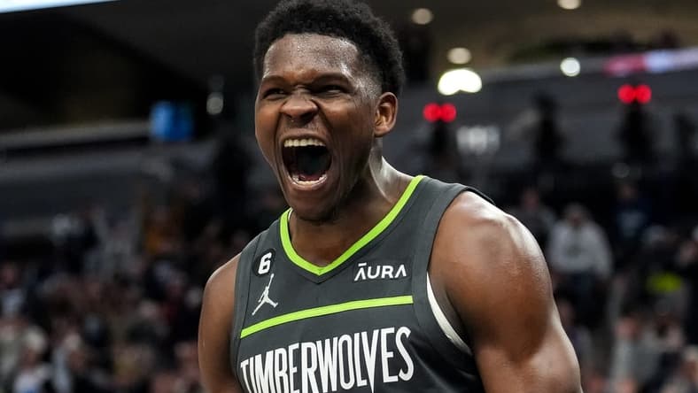 Jan 21, 2023; Minneapolis, Minnesota, USA; Minnesota Timberwolves guard Anthony Edwards (1) celebrates during the fourth quarter against the Houston Rockets at Target Center. Mandatory Credit: Brace Hemmelgarn-USA TODAY Sports