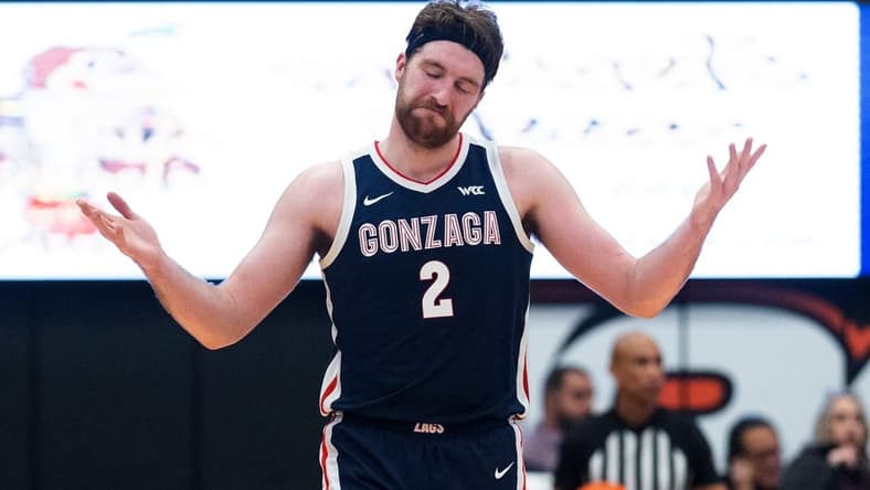 Jan 21, 2023; Stockton, California, USA;  Gonzaga Bulldogs forward Drew Timme (2) reacts during the second half against the Pacific Tigers at Alex G. Spanos Center. Mandatory Credit: Stan Szeto-USA TODAY Sports