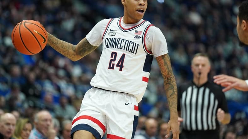 Jan 22, 2023; Hartford, Connecticut, USA; UConn Huskies guard Jordan Hawkins (24) returns the ball against the Butler Bulldogs in the first half at XL Center. Mandatory Credit: David Butler II-USA TODAY Sports