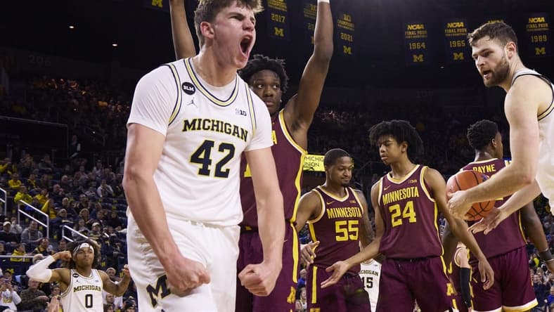 Jan 22, 2023; Ann Arbor, Michigan, USA; Michigan Wolverines forward Will Tschetter (42) celebrates during the first half against the Minnesota Golden Gophers at Crisler Center. Mandatory Credit: Rick Osentoski-USA TODAY Sports