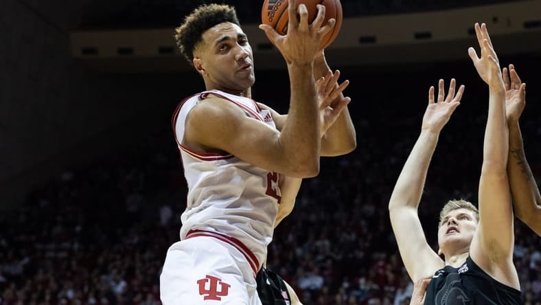 Jan 22, 2023; Bloomington, Indiana, USA; Indiana Hoosiers forward Trayce Jackson-Davis (23) rebounds the ball while Michigan State Spartans forward Jaxon Kohler (0) defends in the second half at Simon Skjodt Assembly Hall. Mandatory Credit: Trevor Ruszkowski-USA TODAY Sports