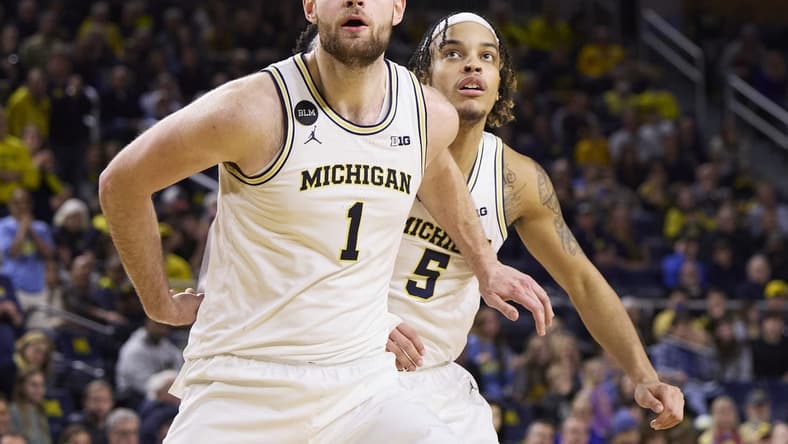 Jan 22, 2023; Ann Arbor, Michigan, USA; Michigan Wolverines center Hunter Dickinson (1) and forward Terrance Williams II (5) look for the rebound in the second half against the Minnesota Golden Gophers at Crisler Center. Mandatory Credit: Rick Osentoski-USA TODAY Sports