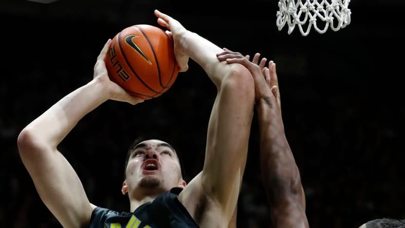 Maryland Terrapins forward Julian Reese (10) defends the shot of Purdue Boilermakers center Zach Edey (15) during the NCAA men s basketball game, Sunday, Jan. 22, 2023, at Mackey Arena in West Lafayette, Ind. Purdue won 58-55.
Purmary012223 Am09127