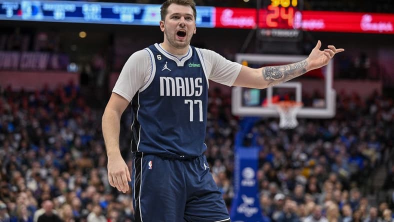 Jan 22, 2023; Dallas, Texas, USA; Dallas Mavericks guard Luka Doncic (77) argues a foul call during the second half against the LA Clippers at the American Airlines Center. Mandatory Credit: Jerome Miron-USA TODAY Sports