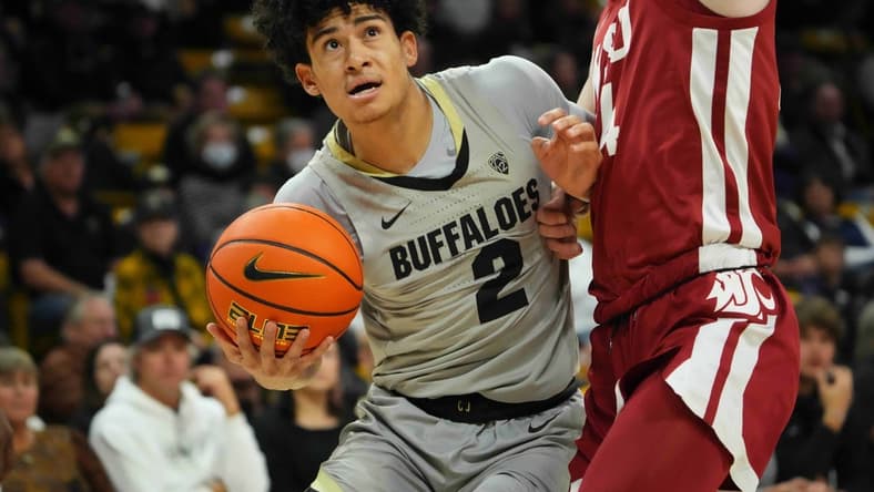 Jan 22, 2023; Boulder, Colorado, USA; Washington State Cougars guard Justin Powell (24) blocks the advance of Colorado Buffaloes guard KJ Simpson (2) in the first half at the CU Events Center. Mandatory Credit: Ron Chenoy-USA TODAY Sports