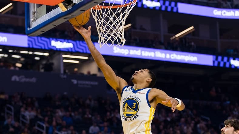 Jan 22, 2023; San Francisco, California, USA; Golden State Warriors guard Jordan Poole (3) lays up the ball against the Brooklyn Nets during the first half at Chase Center. Mandatory Credit: John Hefti-USA TODAY Sports