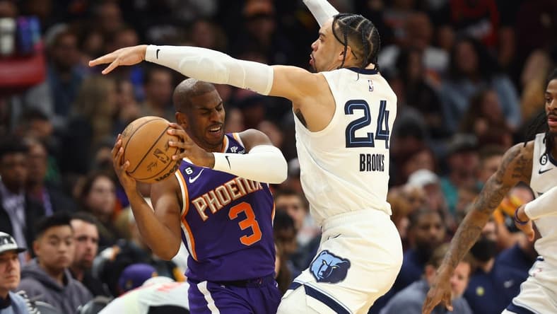 Jan 22, 2023; Phoenix, Arizona, USA; Memphis Grizzlies forward Dillon Brooks (24) defends against Phoenix Suns guard Chris Paul (3) in the first half at Footprint Center. Mandatory Credit: Mark J. Rebilas-USA TODAY Sports