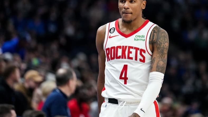 Jan 21, 2023; Minneapolis, Minnesota, USA; Houston Rockets guard Jalen Green (4) looks on during a game between the Minnesota Timberwolves and Houston Rockets at Target Center. Mandatory Credit: Brace Hemmelgarn-USA TODAY Sports