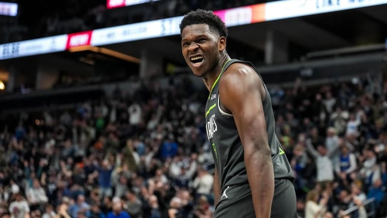 Jan 21, 2023; Minneapolis, Minnesota, USA; Minnesota Timberwolves guard Anthony Edwards (1) celebrates during a game between the Minnesota Timberwolves and Houston Rockets at Target Center. Mandatory Credit: Brace Hemmelgarn-USA TODAY Sports