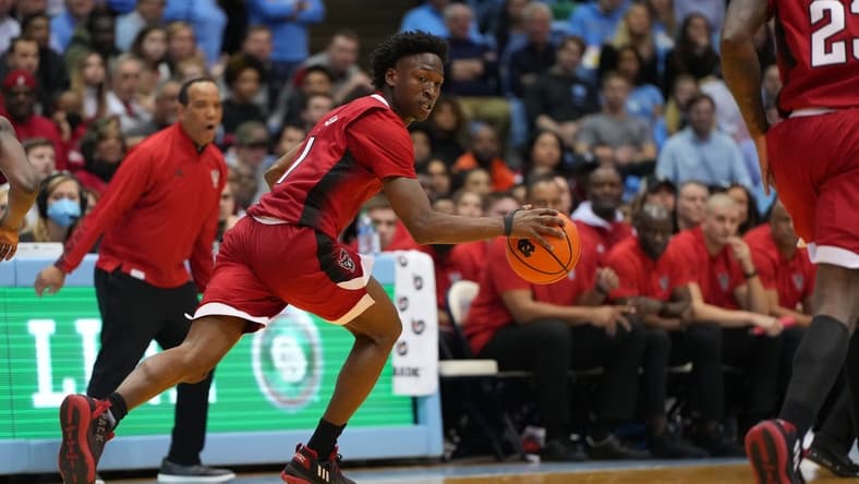 Jan 21, 2023; Chapel Hill, North Carolina, USA; North Carolina State Wolfpack guard Jarkel Joiner (1) leads the fast break in the second half at Dean E. Smith Center. Mandatory Credit: Bob Donnan-USA TODAY Sports