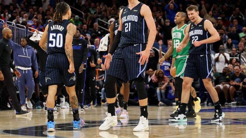 Jan 23, 2023; Orlando, Florida, USA; Orlando Magic center Moritz Wagner (21) reacts after a basket against the Boston Celtics in the second quarter at Amway Center. Mandatory Credit: Nathan Ray Seebeck-USA TODAY Sports