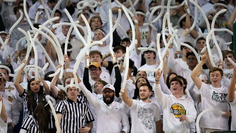 Jan 23, 2023; Waco, Texas, USA; Baylor Bear fans react during halftime against the Kansas Jayhawks at Ferrell Center. Mandatory Credit: Chris Jones-USA TODAY Sports