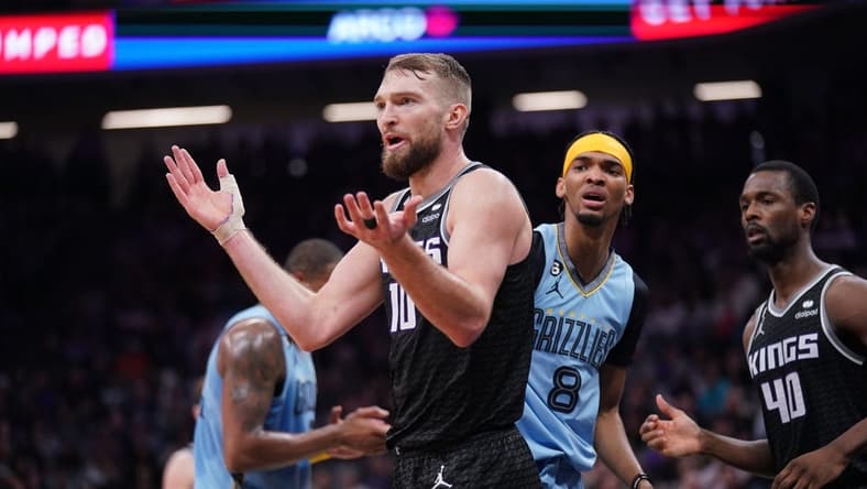 Jan 23, 2023; Sacramento, California, USA; Sacramento Kings forward Domantas Sabonis (10) reacts after being called for a foul against the Memphis Grizzlies in the second quarter at the Golden 1 Center. Mandatory Credit: Cary Edmondson-USA TODAY Sports
