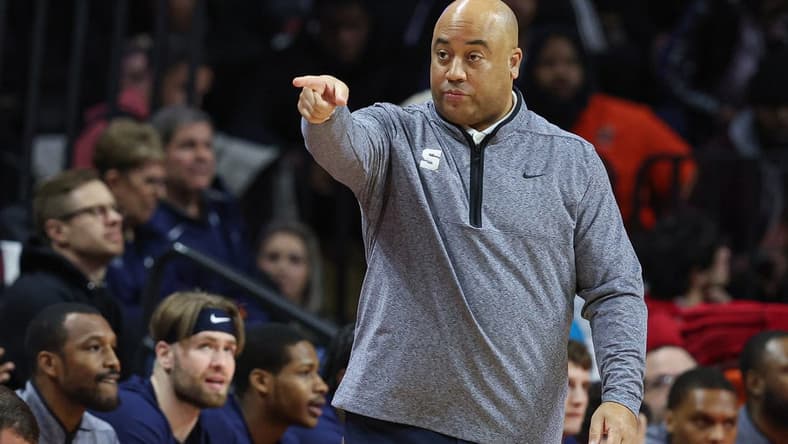Jan 24, 2023; Piscataway, New Jersey, USA; Penn State Nittany Lions head coach Micah Shrewsberry reacts during the first half against the Rutgers Scarlet Knights at Jersey Mike's Arena. Mandatory Credit: Vincent Carchietta-USA TODAY Sports