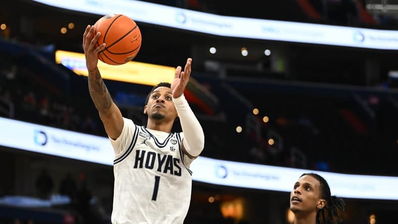 Jan 24, 2023; Washington, District of Columbia, USA; Georgetown Hoyas guard Primo Spears (1) shoots against the DePaul Blue Demons during the second half at Capital One Arena. Mandatory Credit: Brad Mills-USA TODAY Sports