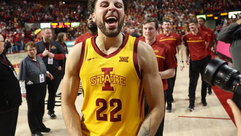 Jan 24, 2023; Ames, Iowa, USA; Iowa State Cyclones guard Gabe Kalscheur (22) celebrates after the win against the Kansas State Wildcats during the second half at James H. Hilton Coliseum. The Cyclones won 80-76. Mandatory Credit: Reese Strickland-USA TODAY Sports