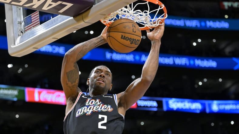 Jan 24, 2023; Los Angeles, California, USA; Los Angeles Clippers forward Kawhi Leonard (2) dunks in the second half against the Los Angeles Lakers at Crypto.com Arena. Mandatory Credit: Jayne Kamin-Oncea-USA TODAY Sports