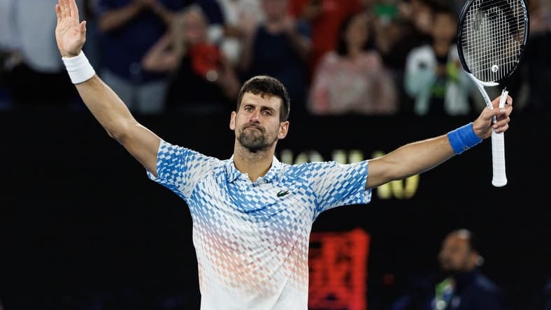 Jan 25, 2023; Melbourne, Victoria, Australia; Novak Djokovic of Serbia celebrates his victory over Andrey Rublev of Russia on day ten of the 2023 Australian Open tennis tournament at Melbourne Park. Mandatory Credit: Mike Frey-USA TODAY Sports