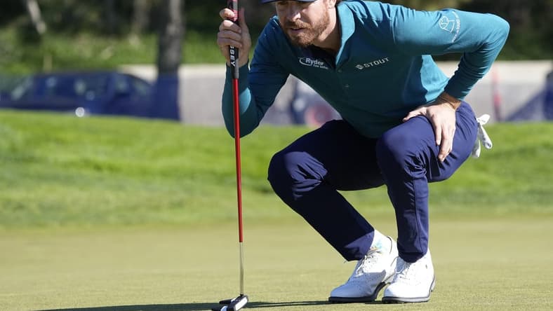 Jan 25, 2023; San Diego, California, USA; Sam Ryder  lines up a putt on the 8th hole during the first round of the Farmers Insurance Open golf tournament at Torrey Pines Municipal Golf Course - North Course. Mandatory Credit: Ray Acevedo-USA TODAY Sports