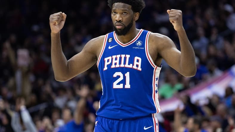 Jan 25, 2023; Philadelphia, Pennsylvania, USA; Philadelphia 76ers center Joel Embiid (21) reacts after a score against the Brooklyn Nets during the second quarter at Wells Fargo Center. Mandatory Credit: Bill Streicher-USA TODAY Sports