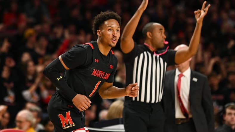 Jan 25, 2023; College Park, Maryland, USA; Maryland Terrapins guard Jahmir Young (1) reacts after making a three point shot during the second half against the Wisconsin Badgers at Xfinity Center. Mandatory Credit: Tommy Gilligan-USA TODAY Sports