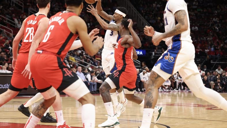 Jan 25, 2023; Houston, Texas, USA; Washington Wizards guard Bradley Beal (3) drives against the Houston Rockets in the second quarter at Toyota Center. Mandatory Credit: Thomas Shea-USA TODAY Sports