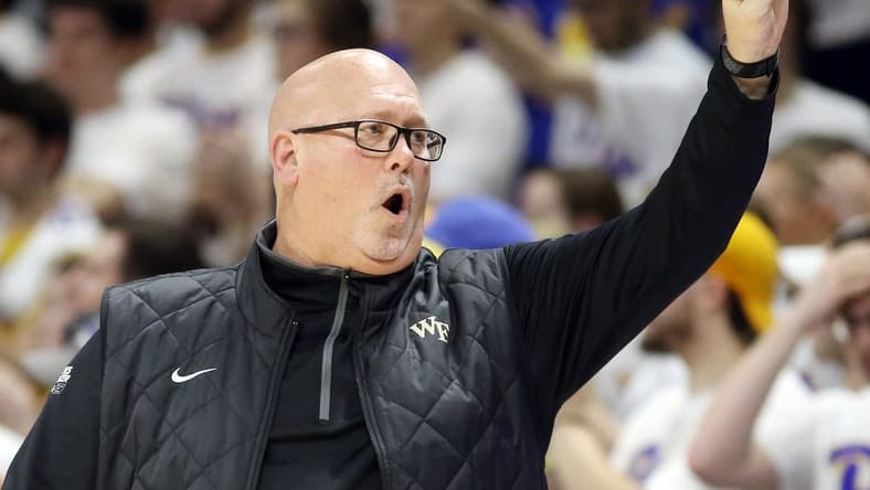 Jan 25, 2023; Pittsburgh, Pennsylvania, USA; Wake Forest Demon Deacons head coach Steve Forbes gestures on the sidelines against the Pittsburgh Panthers during the second half at the Petersen Events Center. Pittsburgh won 81-79. Mandatory Credit: Charles LeClaire-USA TODAY Sports